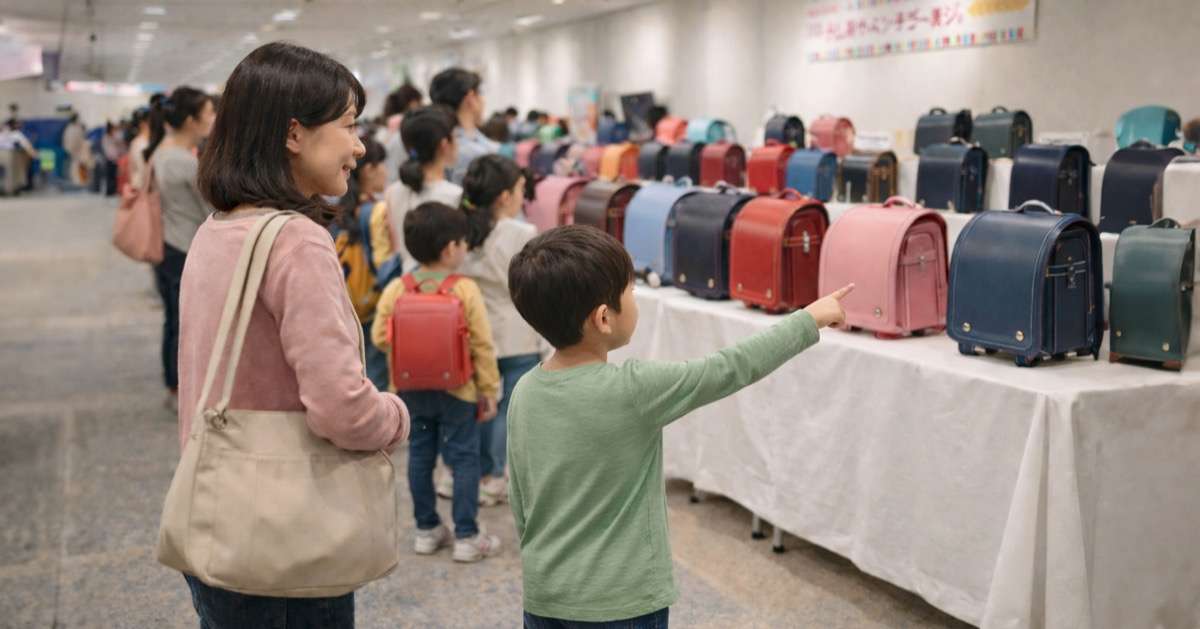 ランドセル展示会の会場で多彩なランドセルを見ている来場者の様子